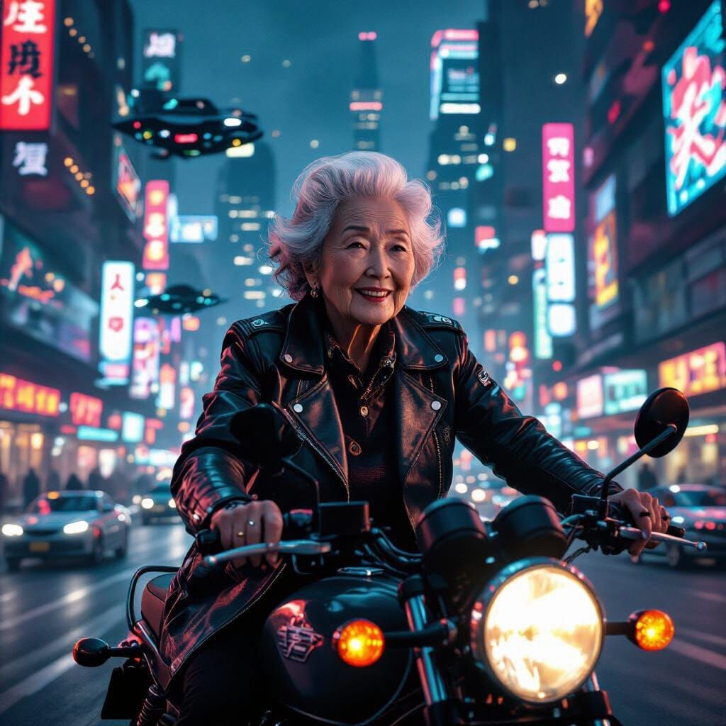 Elderly Woman Rides Motorcycle in Cyberpunk City