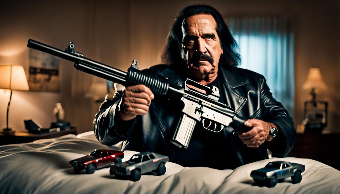 Ron Jeremy is The Terminator standing on top of a messy bed