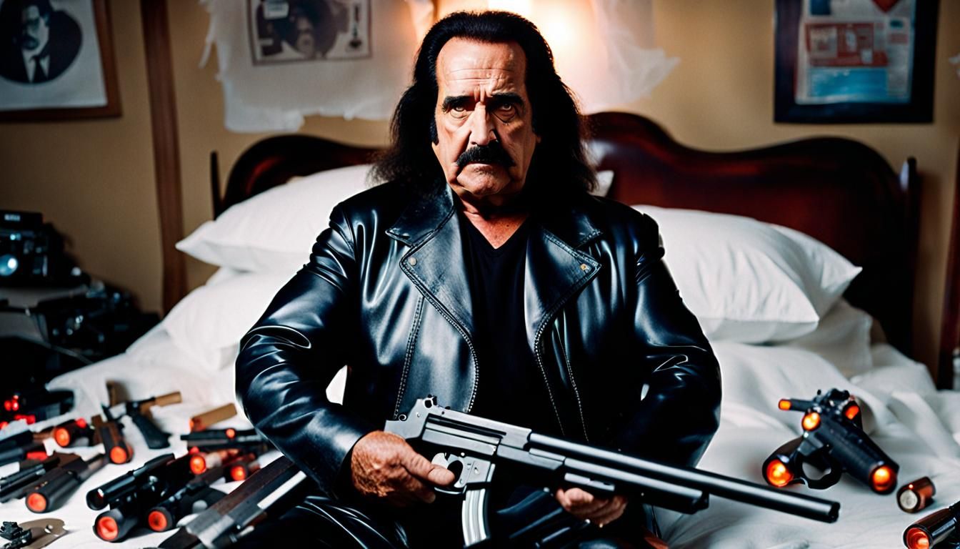 Ron Jeremy is The Terminator standing on top of a messy bed