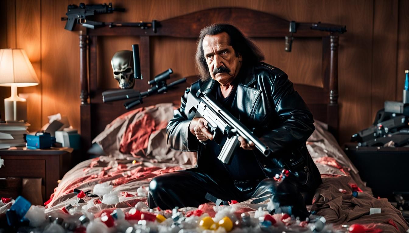 Ron Jeremy is The Terminator sitting on top of a messy bed