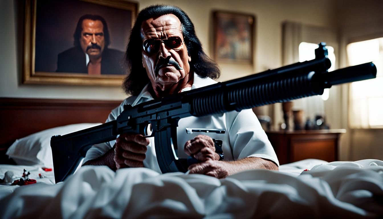 Ron Jeremy is The Terminator standing on top of a messy bed