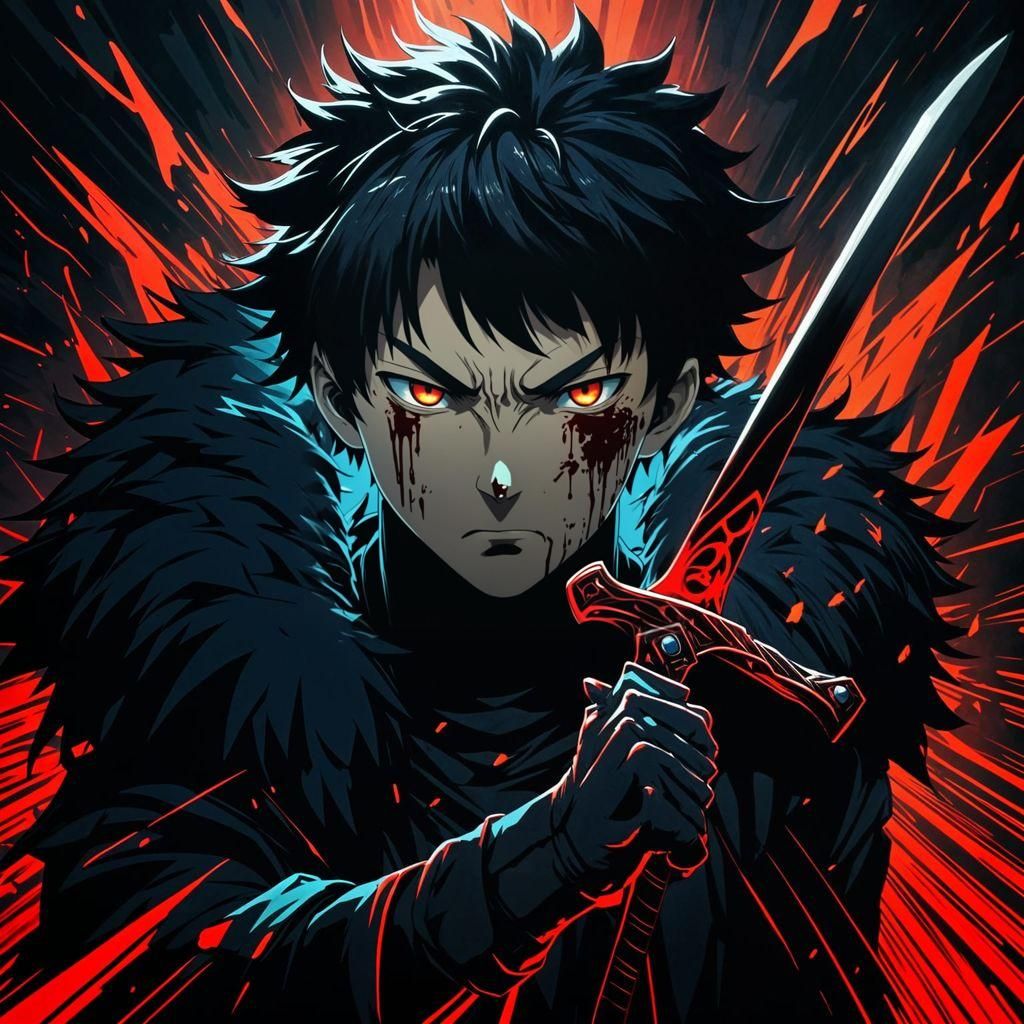 Young Hero Confronts Demon Dog in Anime Style