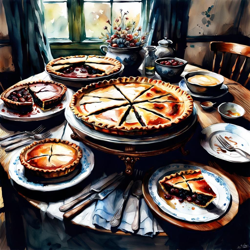 Watercolor Table of Pies: Digital Art Masterpiece