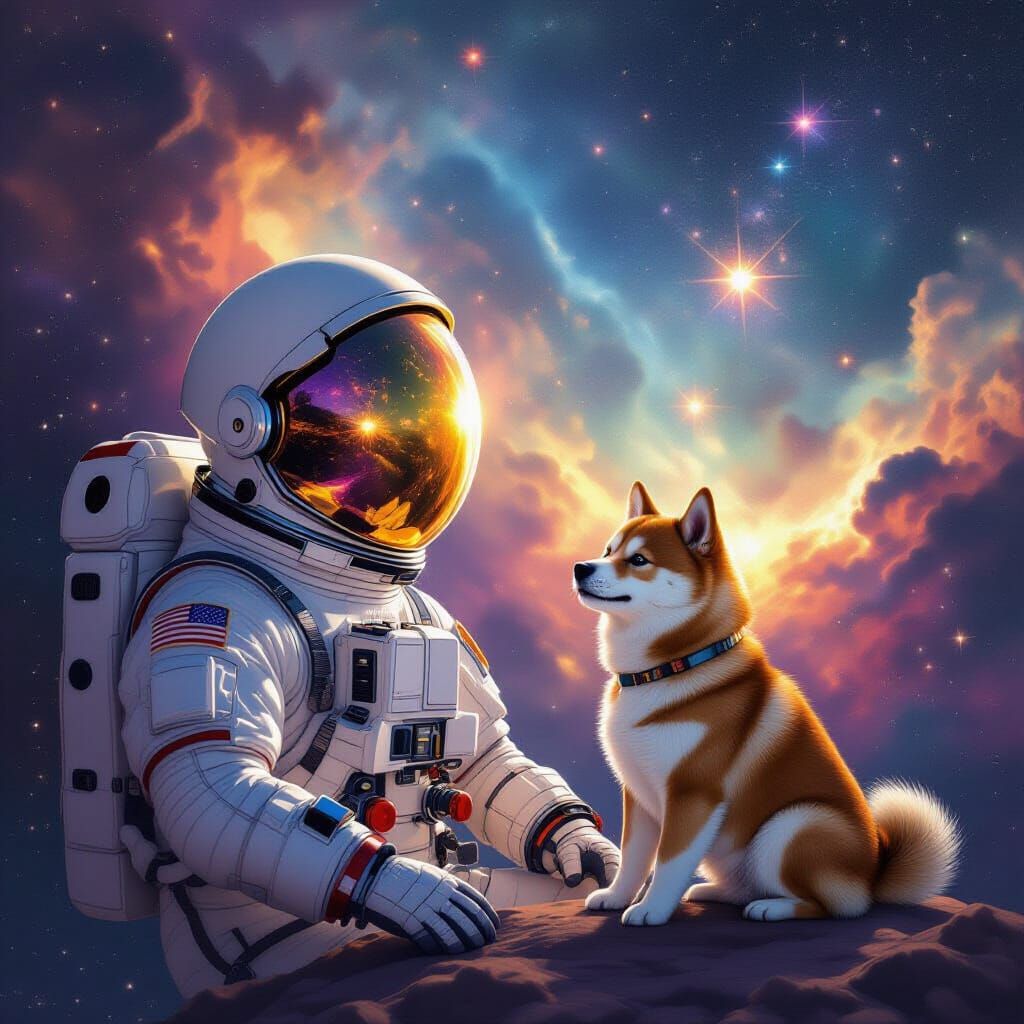 Astronaut and Shiba Inu Explore Vibrant Cosmic Nebula