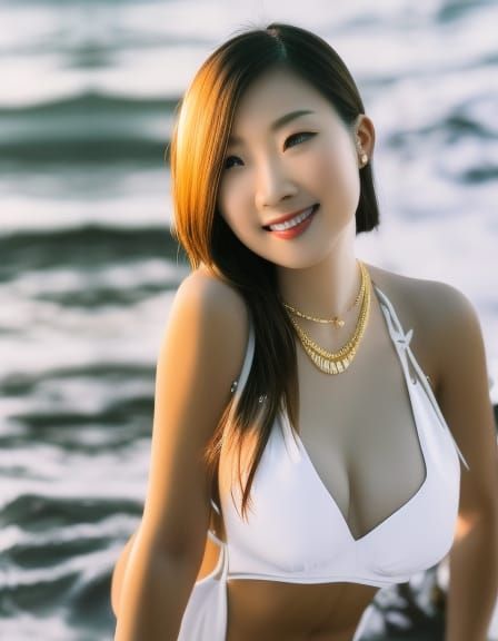 Beautiful Japanese Woman in White Bikini: Photorealistic Ima...