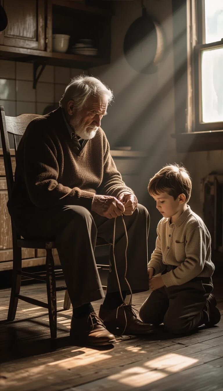 Chiaroscuro Image of Father and Son in Kitchen