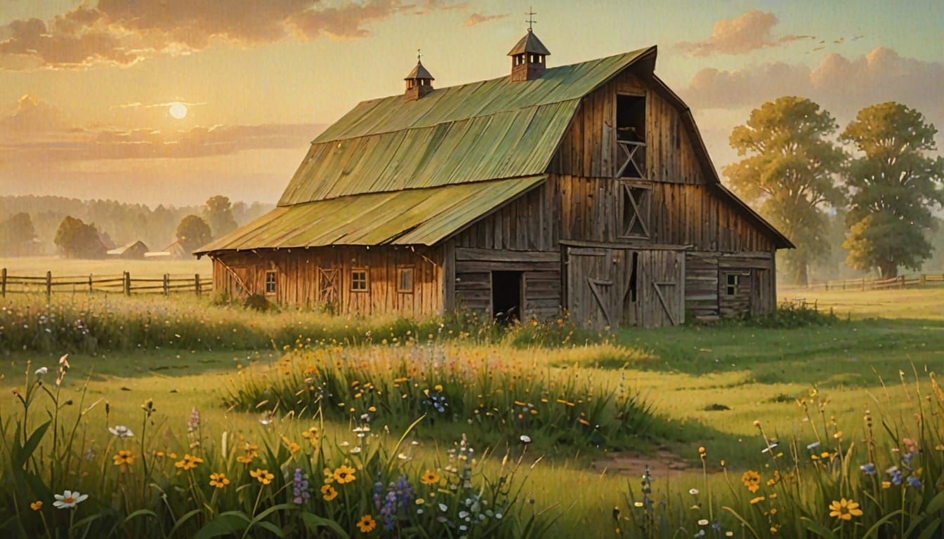 Warm Golden Light on a Rustic Countryside Barn