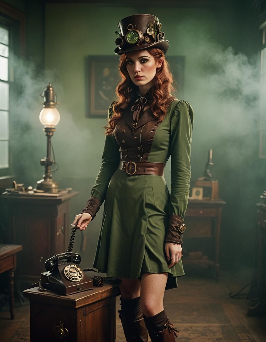 Steampunk Girl with Telephone in Victorian Study