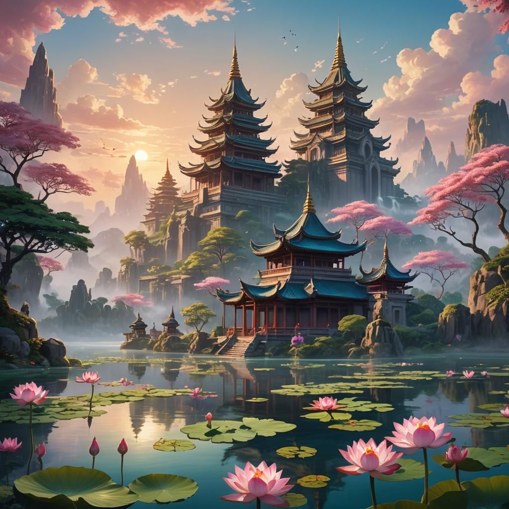 Serene Pure Land Temple in High Fantasy Style