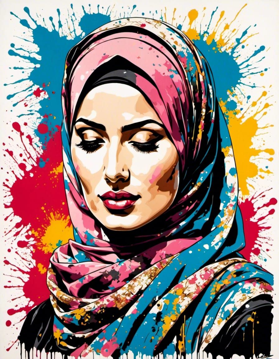 Curvy Hijabi Woman Portrait with Ink Splatter Effects