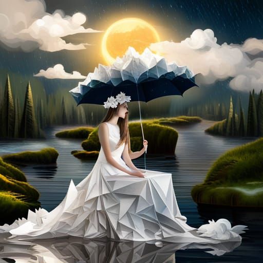 Surreal Woman with Cloud Dress in Magical Forest