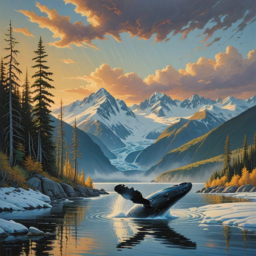 Vibrant Alaskan Landscape with Whale and Mountains