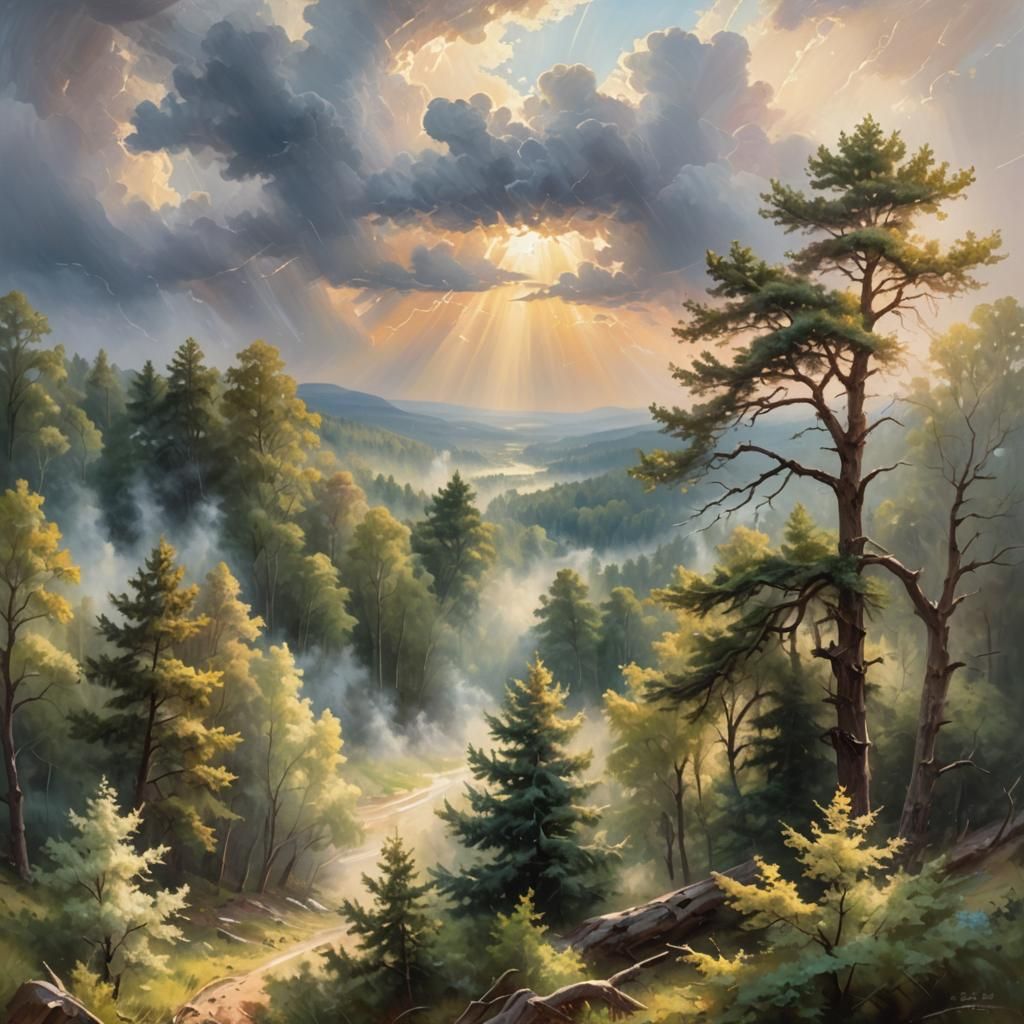 Eagle Forest Thunderstorm in Ethereal Oil Painting