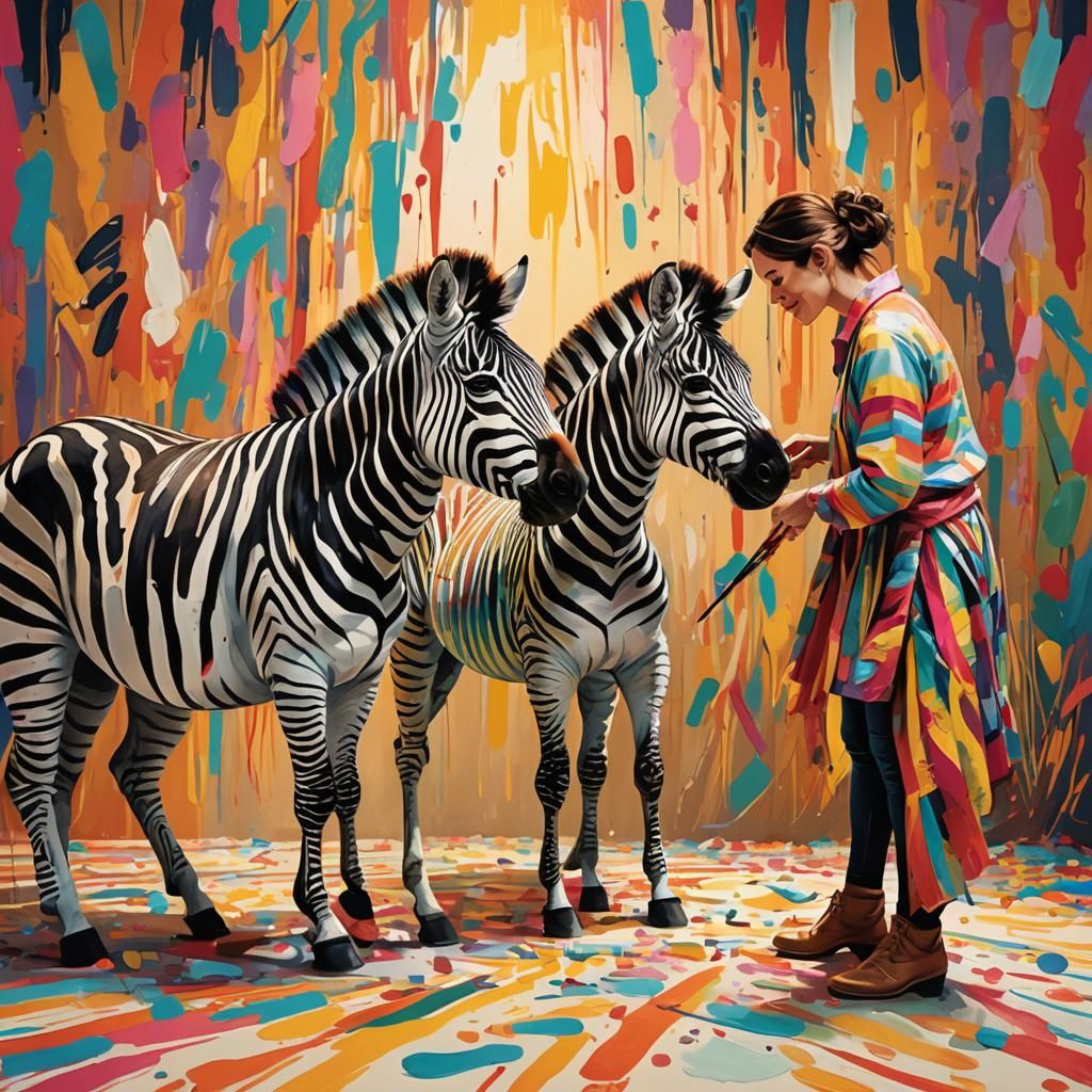 Artist Painting Stripes on Zebra: Whimsical Illustration