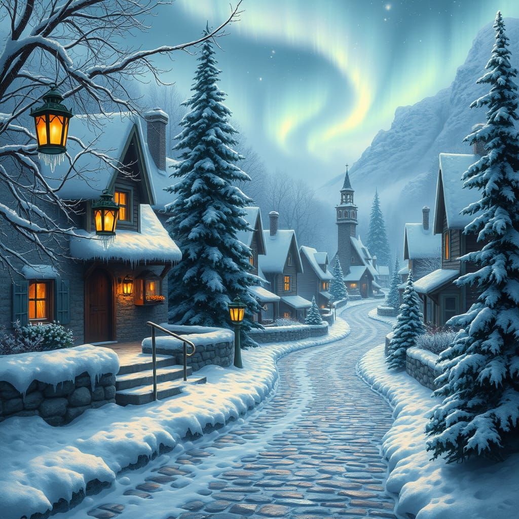 Winter Village Illuminated by Lanterns, Thomas Kinkade Style