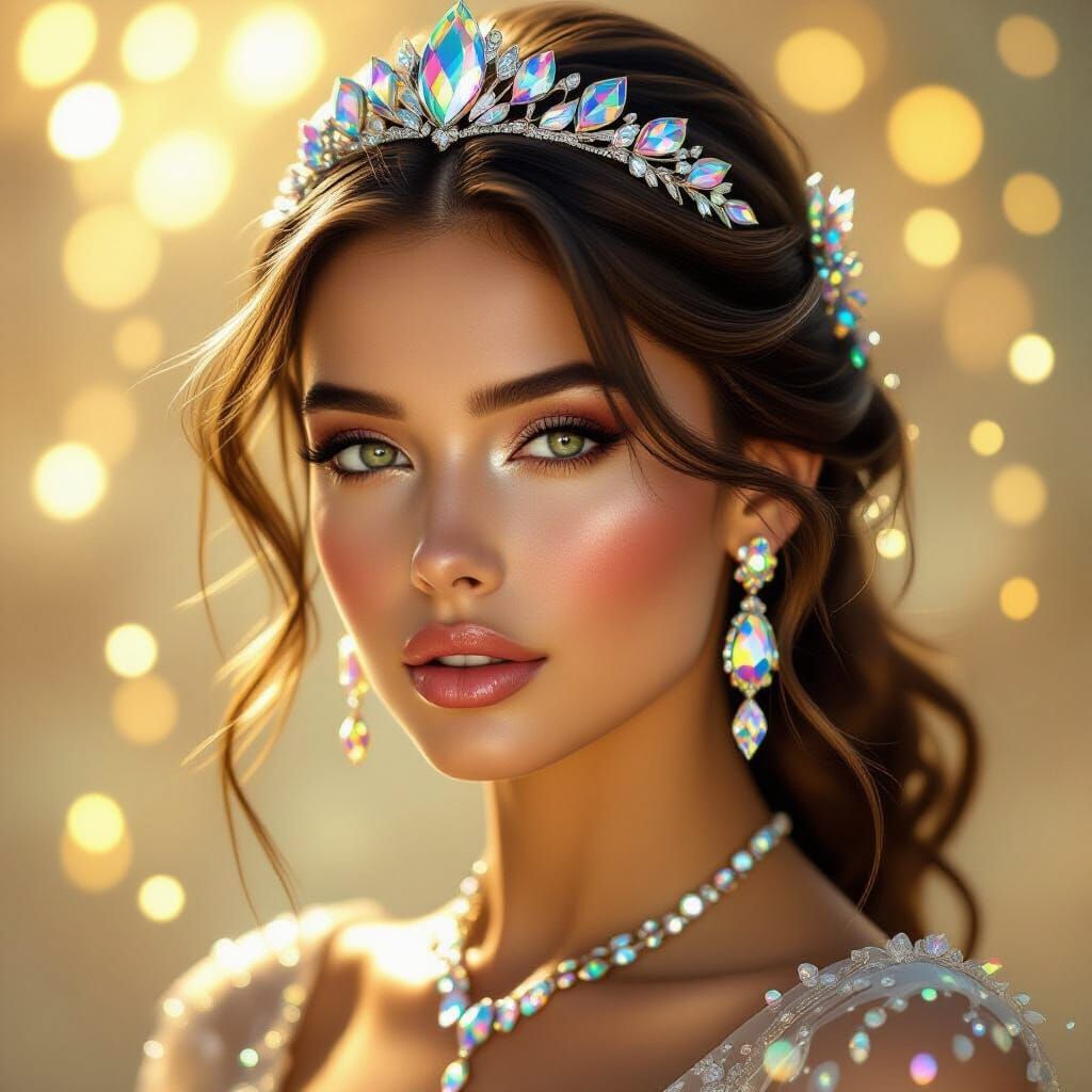 Luminous Portrait with Crystalline Jewelry in Digital Art St...