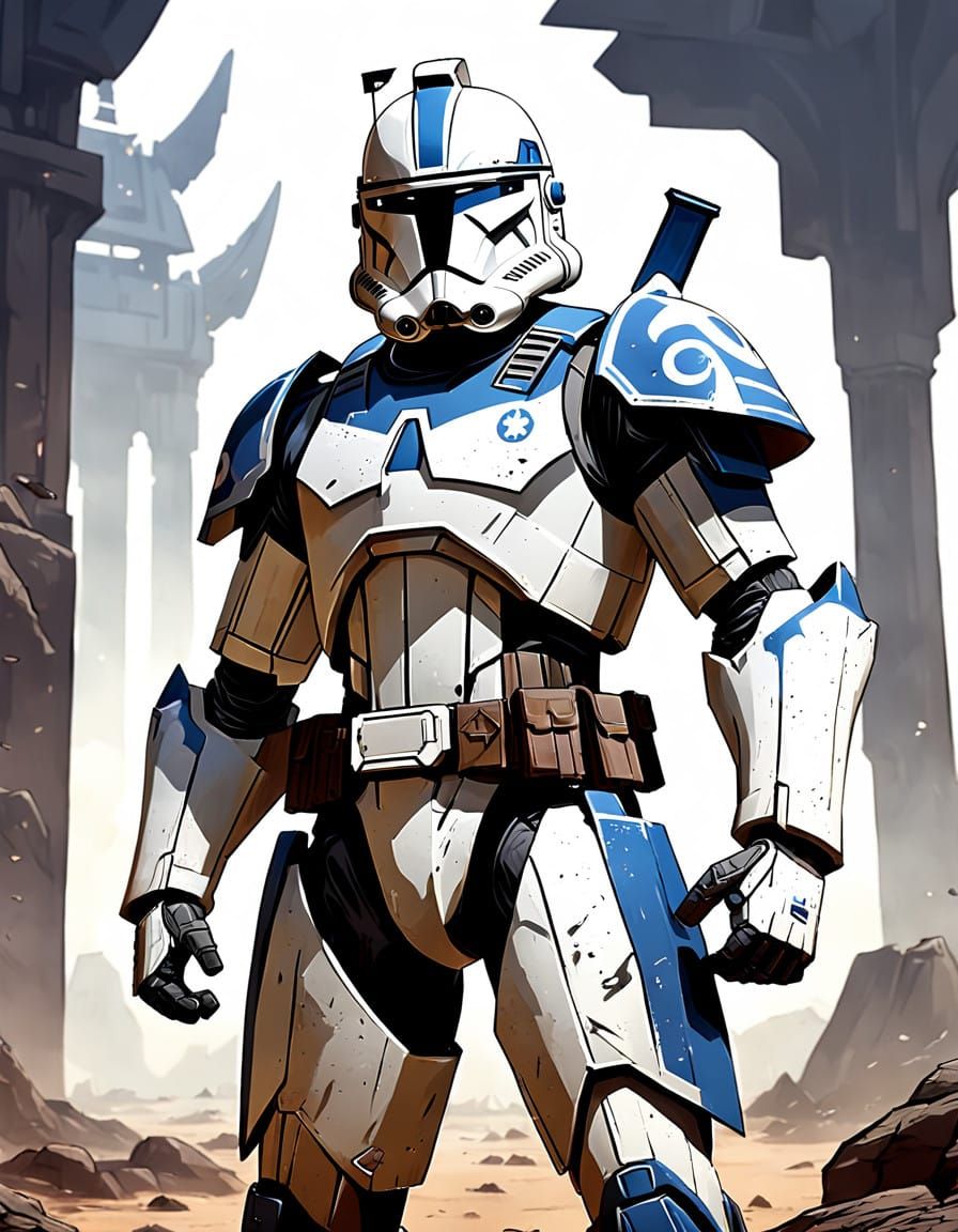 Confident Clone Trooper in Dark Grey and White Armor with Wo...