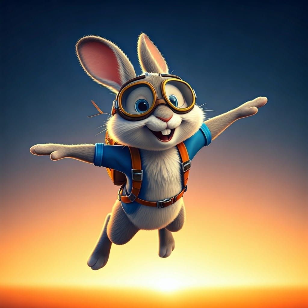 Pixar-Style Rabbit Mid-Skydive in 3D
