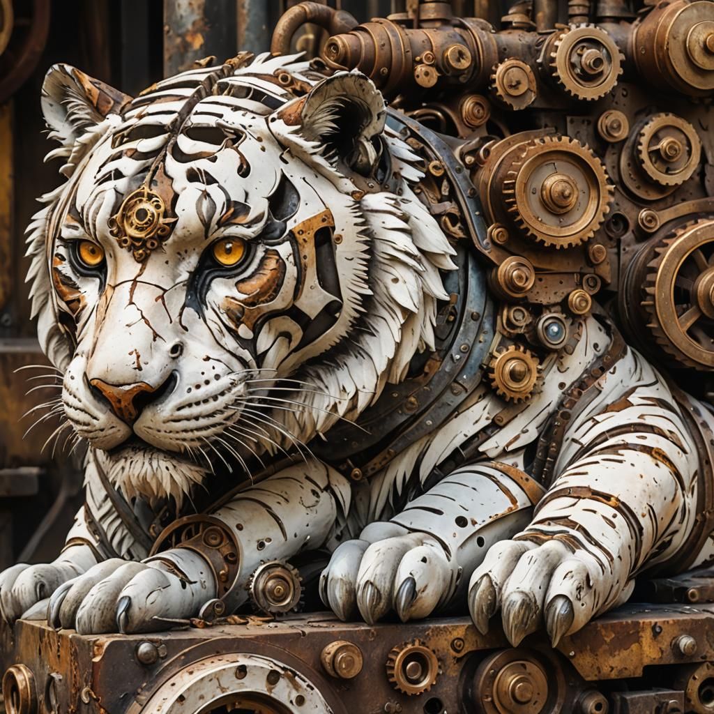 Steampunk Tiger Statue with Peeling Paint