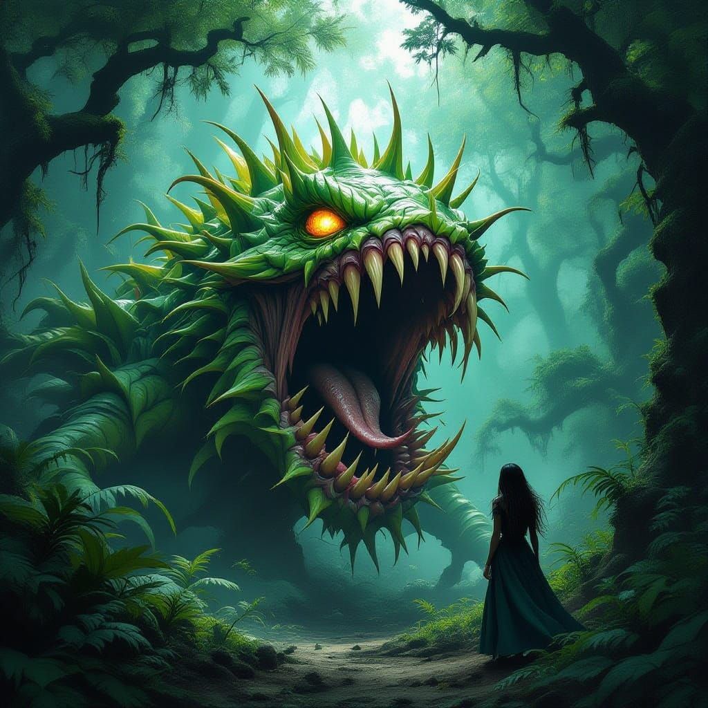 Giant Carnivorous Plant Confronts Woman in Dark Fantasy Art