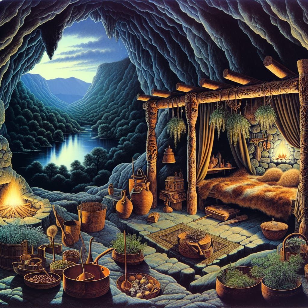 Detailed 1980s Cave Interior with Lake View