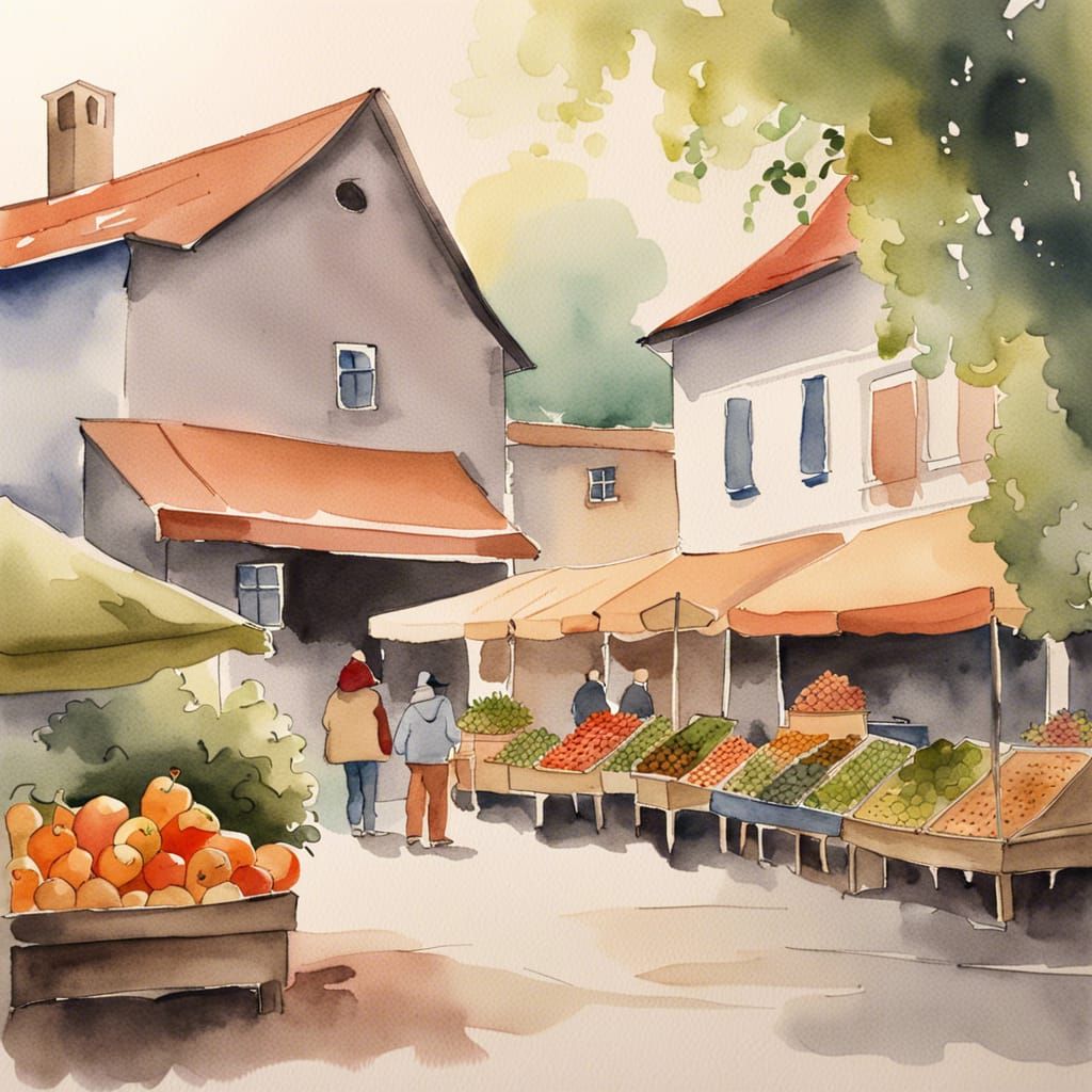 Cozy Village Market Watercolor Painting