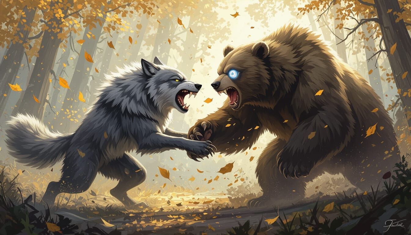 Wolf and Bear Battle in Dense Forest