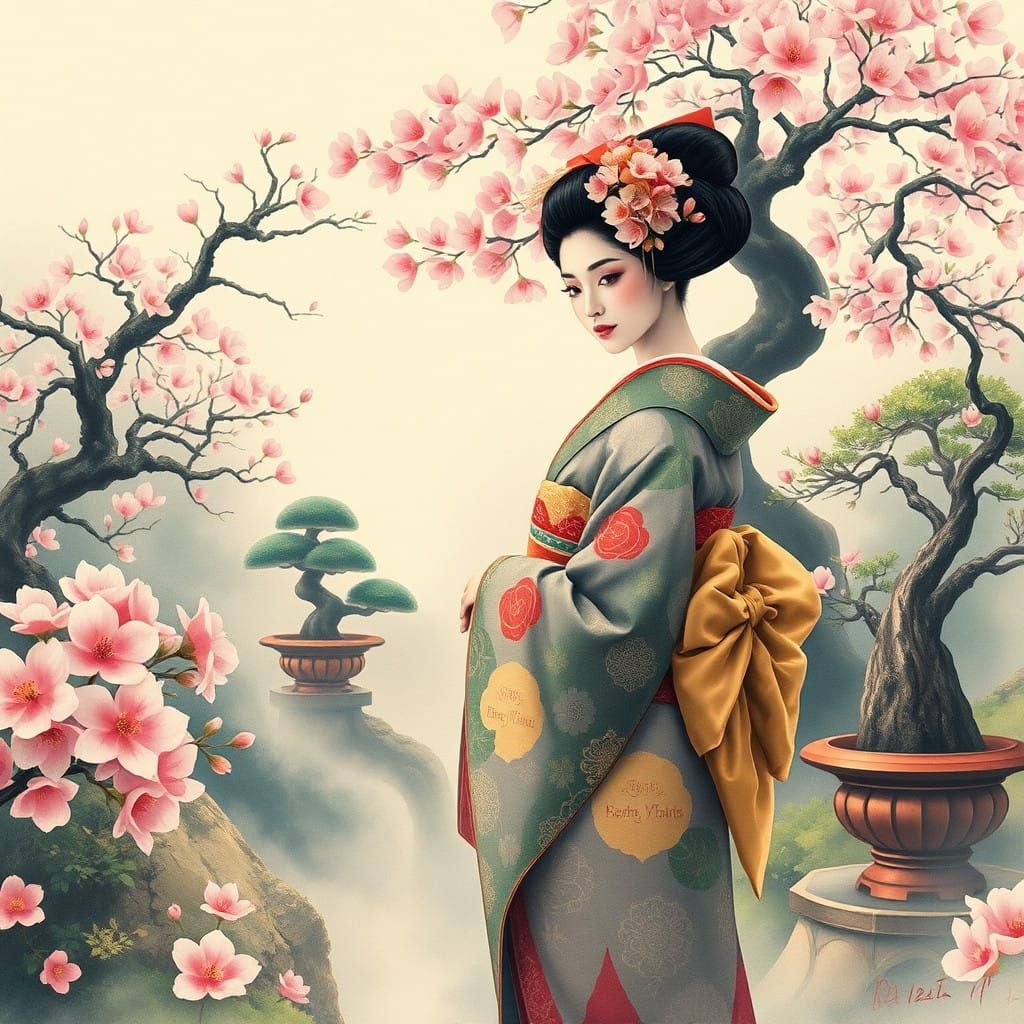 Japanese Geisha in Traditional Garden