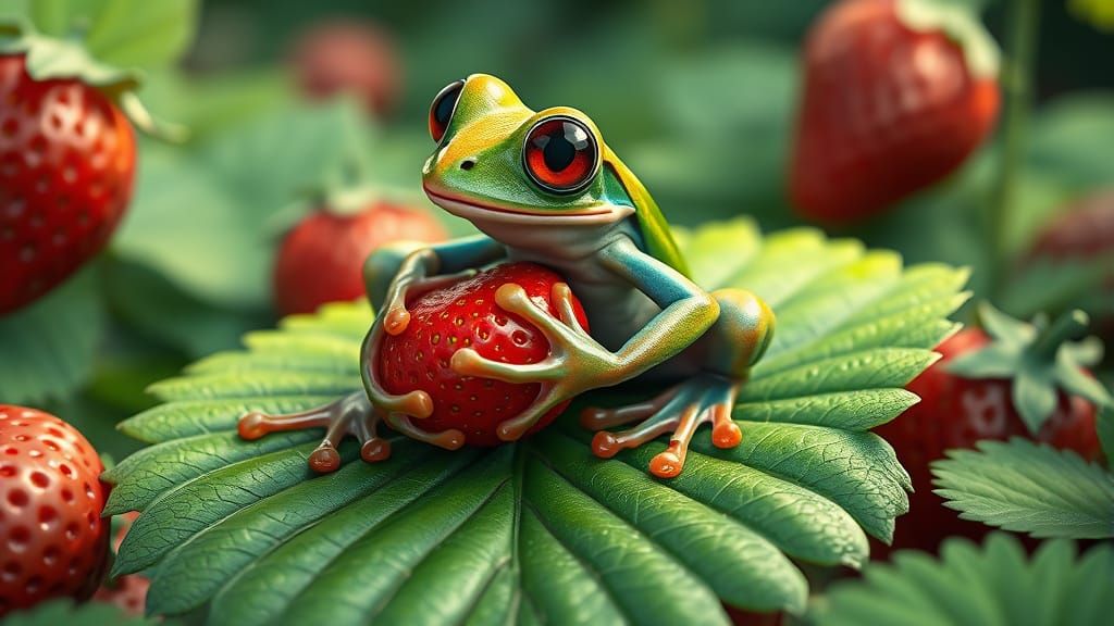 Whimsical Frog Savoring Strawberries in Enchanted Forest