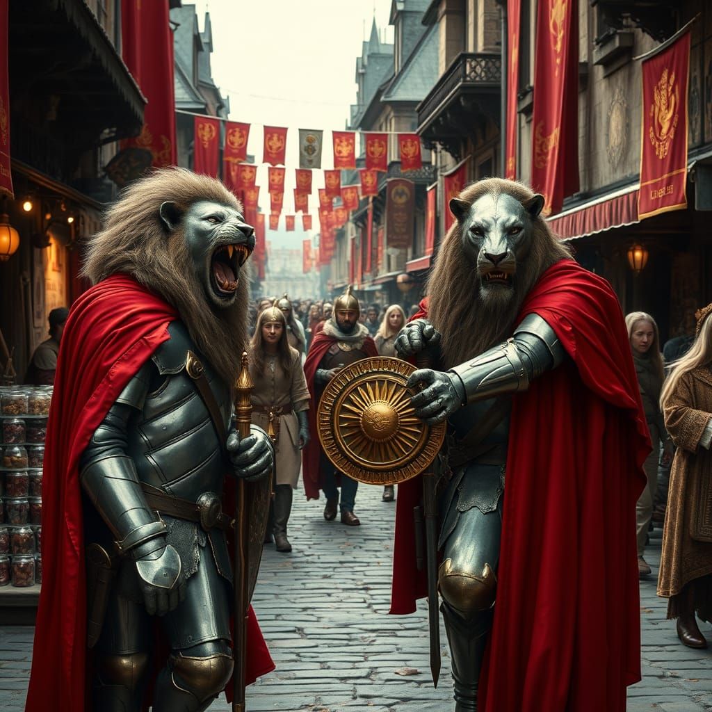 Anthropomorphic Lions with Monstrance in Medieval City