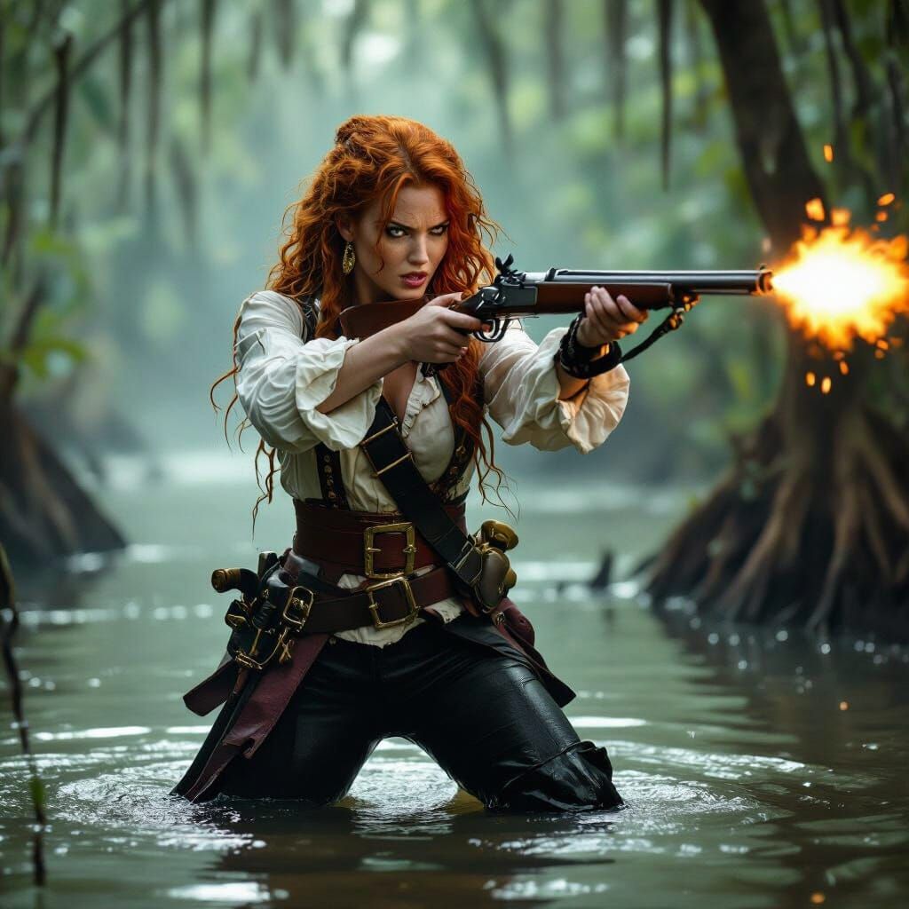 Pirate Captain Fires Musket in Atmospheric Swamp