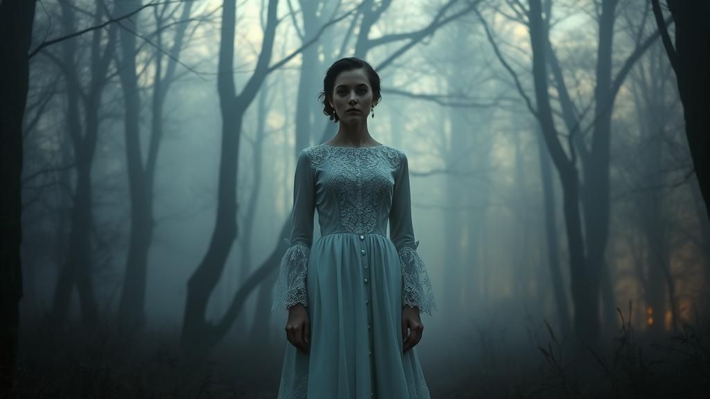 Victorian Woman in Foggy Woodland: Dreamlike Ambiance