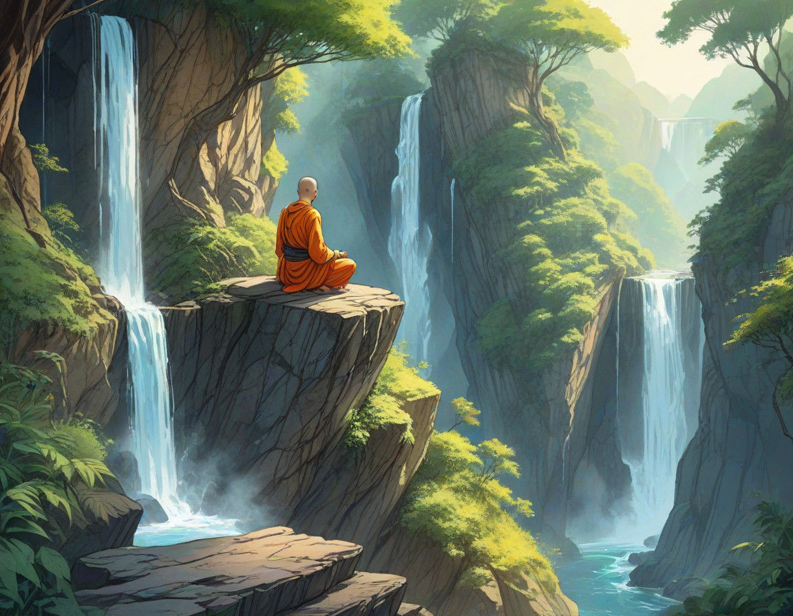 Meditative Monk Embraces Nature's Serenity in Vibrant Waterc...