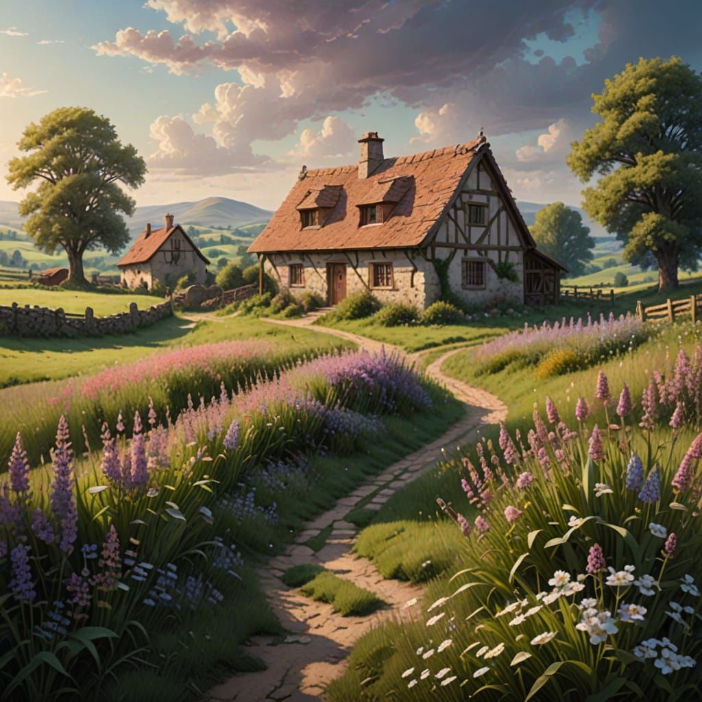 Peaceful Medieval Farmhouse Landscape in Pastel Colors