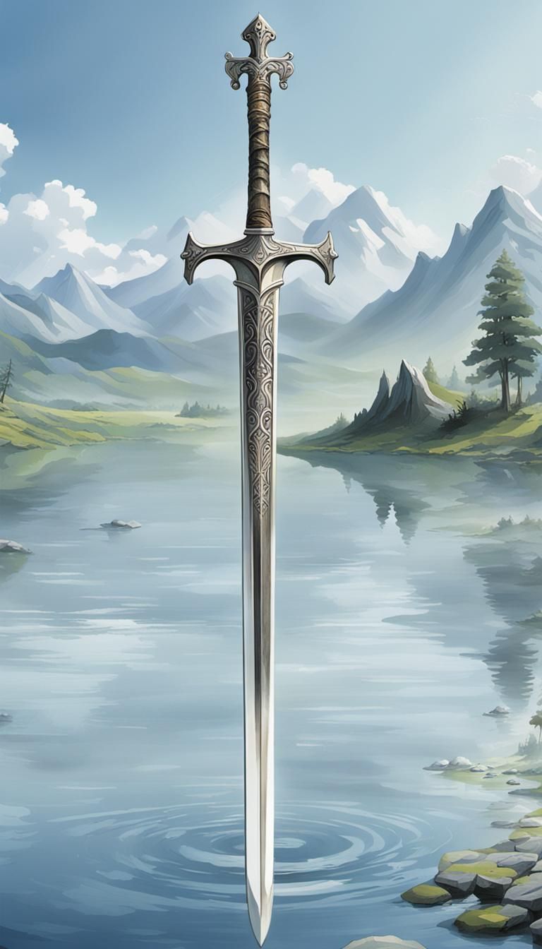 The hand of the lady of lake holding the sword excalibur. Sir Bedivere is standing in the lake.