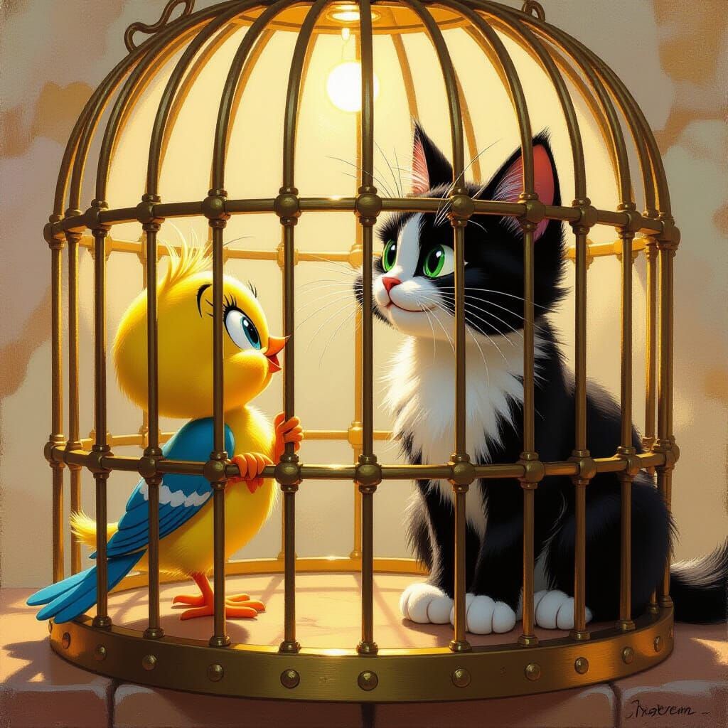 Sylvester and Tweety in a Golden Cage Oil Painting