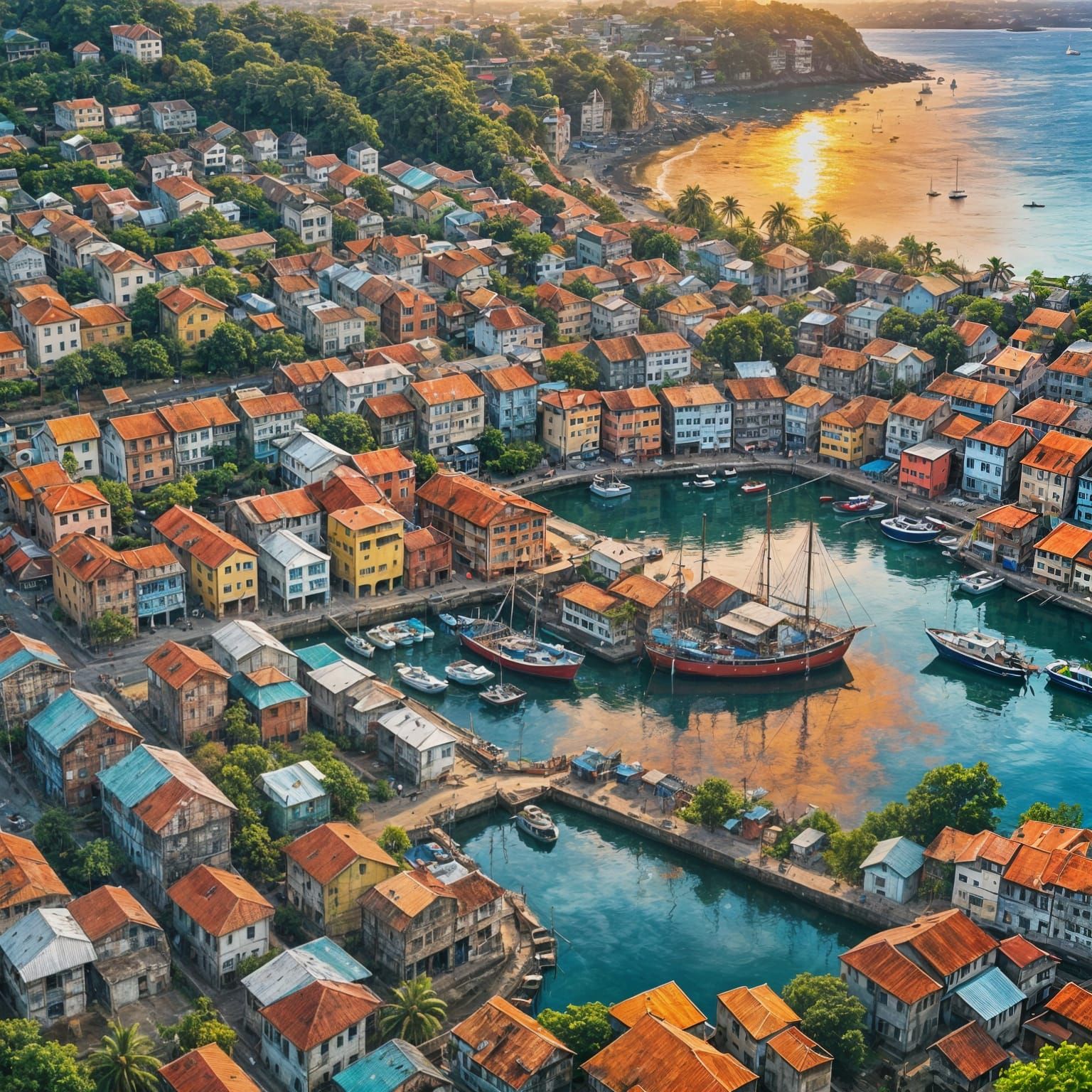 Dramatic Watercolor Aerial View of Freetown Harbor at Sunset