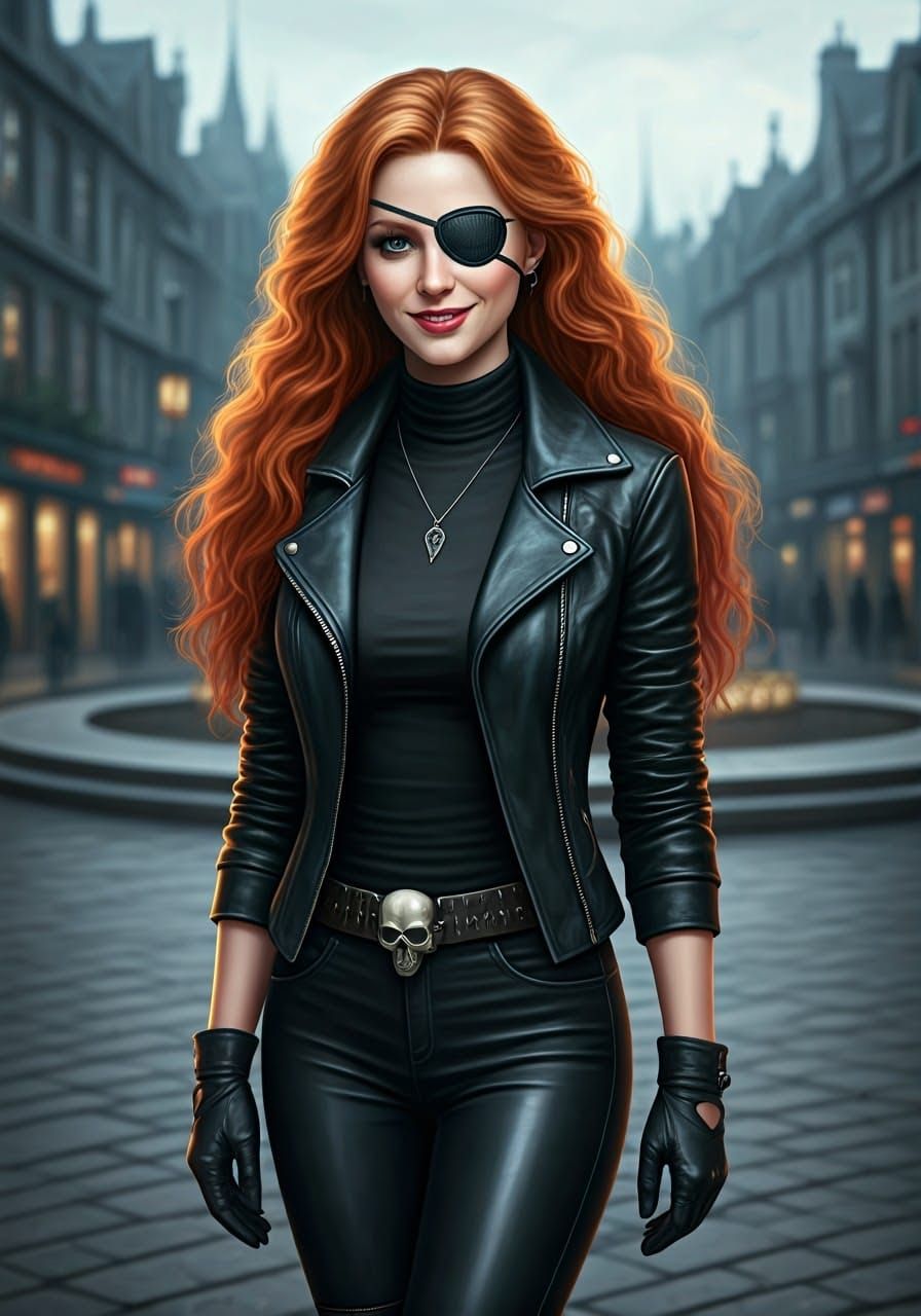 Dark Fantasy Female Figure in Moody Town Square