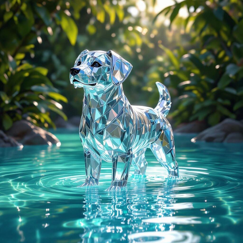 Crystal Dog in Glowing Turquoise Water at Dawn