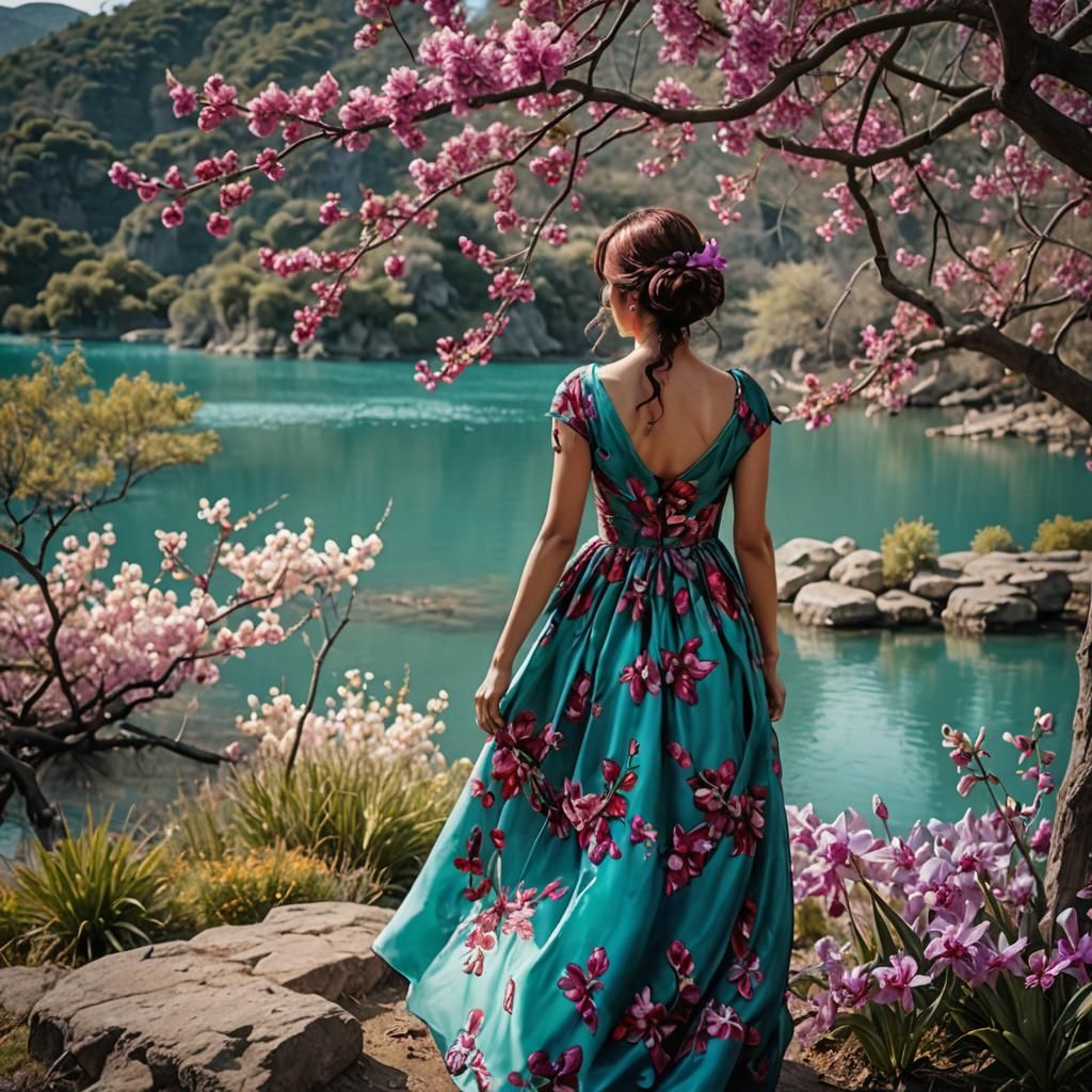 Red-Haired Woman at Turquoise Lake in Impressionistic Style