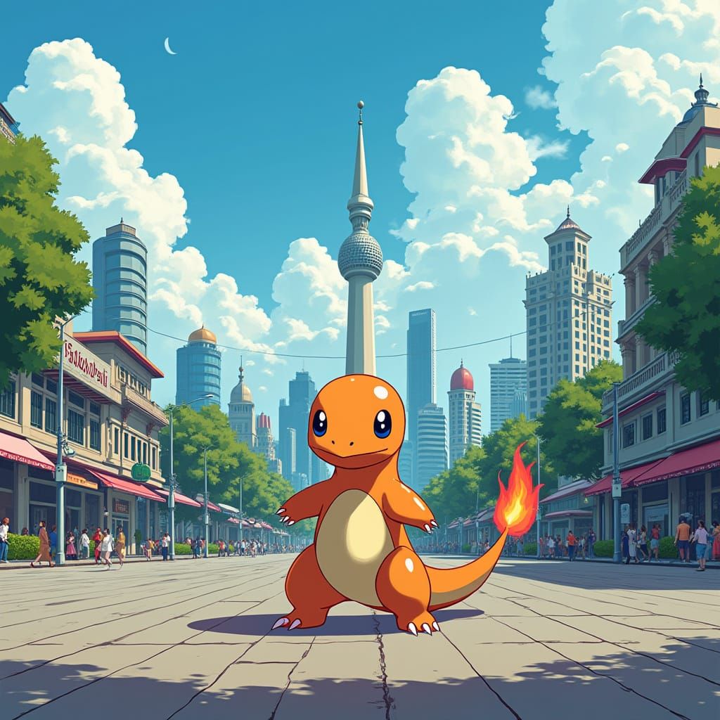 Vibrant Jakarta Cityscape in Pokémon Animated Art