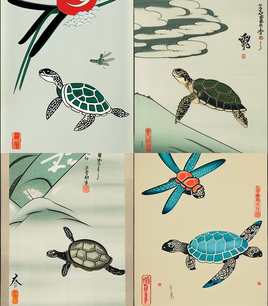 Smiling Turtle and Dragonfly in Ukiyo-e Style