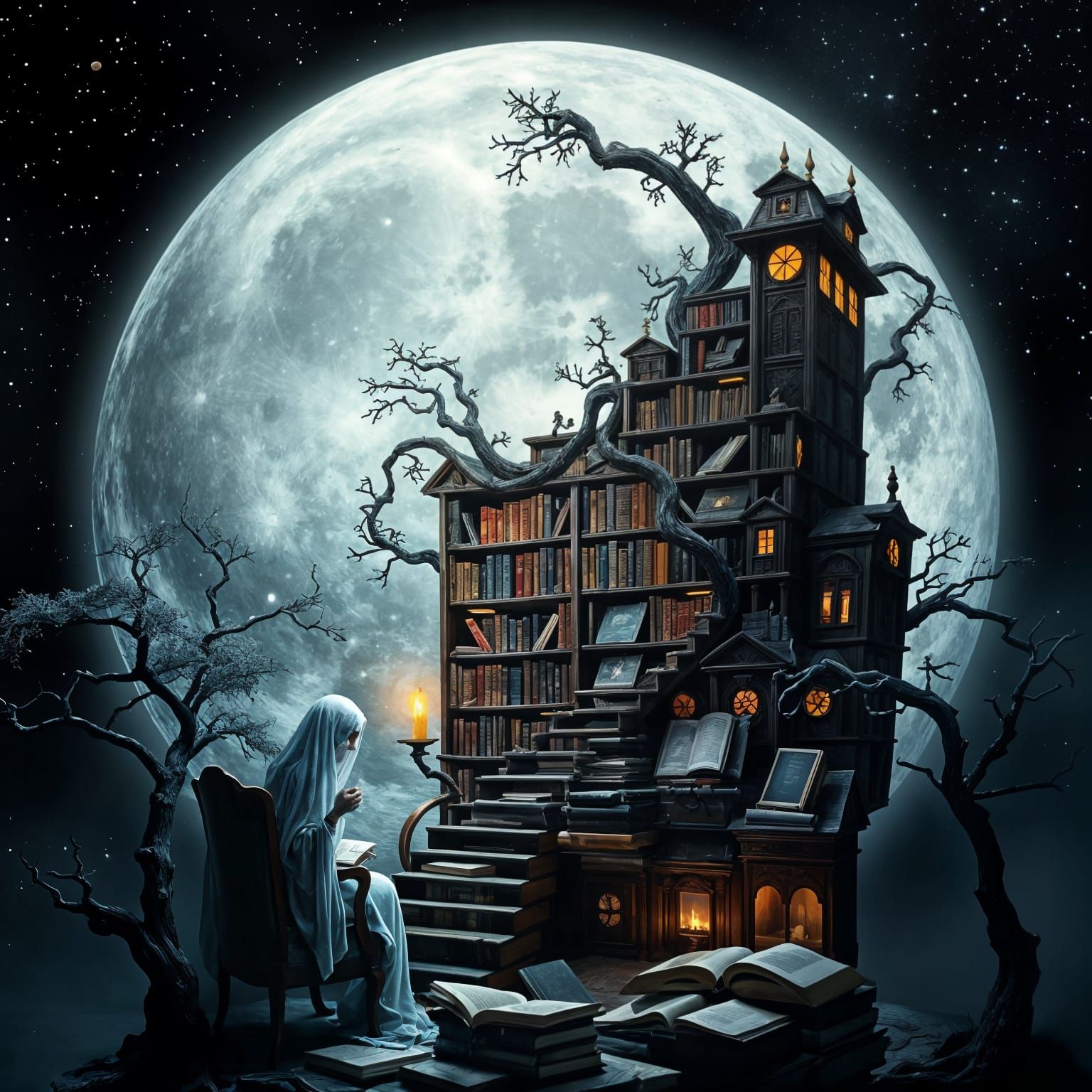 Surreal Moon Library in Van Gogh Style
