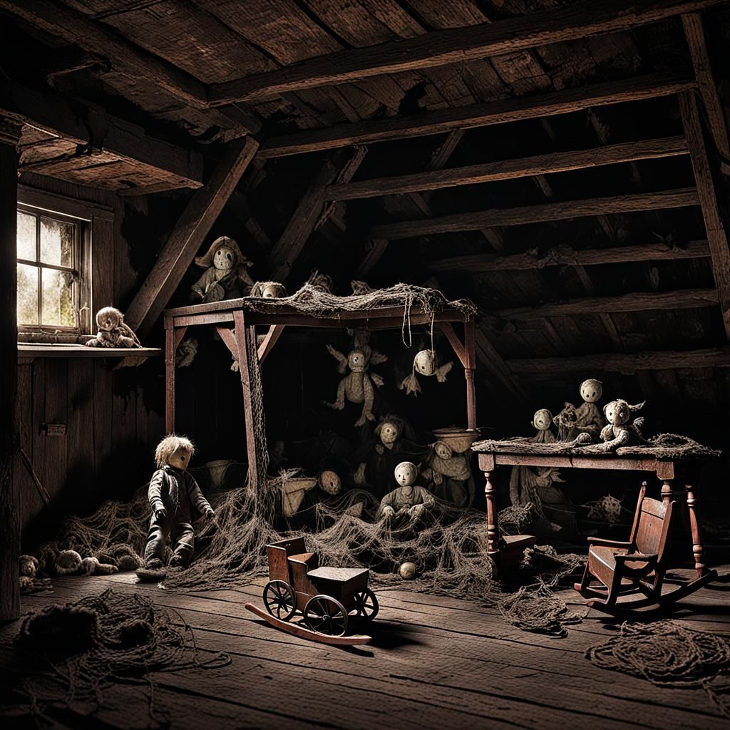Eerie Old Attic with Haunted Toys and Ghostly Reflection
