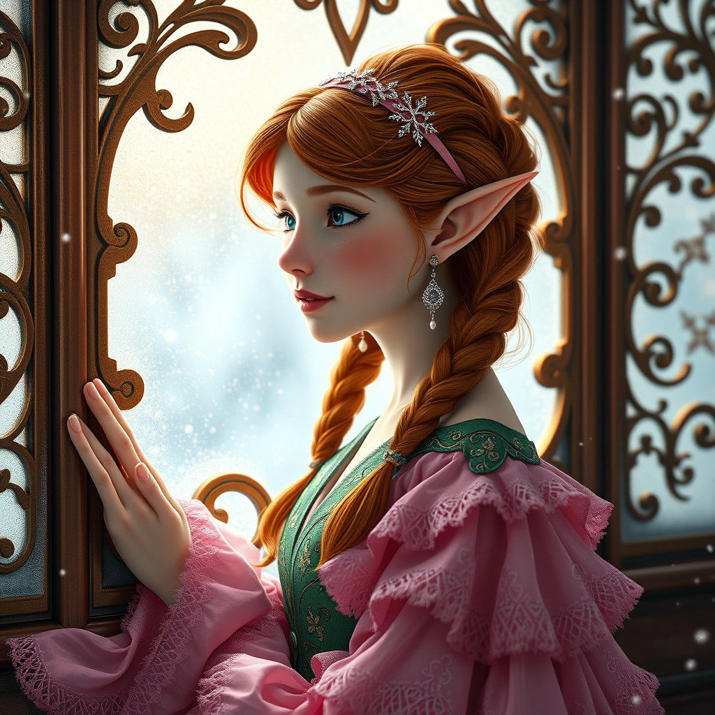 Magic Elf Girl in Pink and Green, Art Nouveau Style