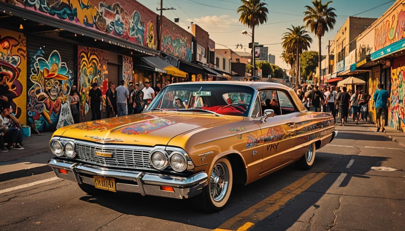 Cruising 1964 Impala Lowrider in Chicano Art Style
