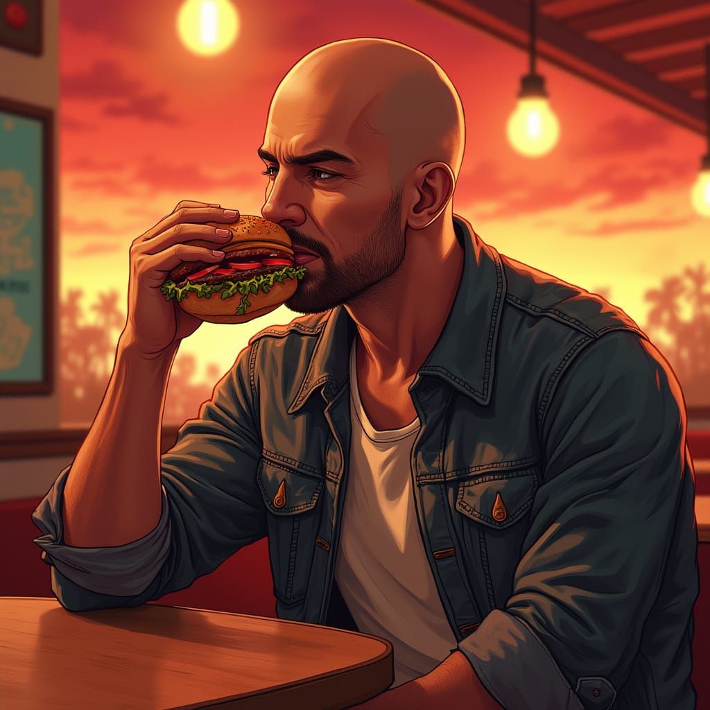 Bald Man Enjoys Burger in Expressive Digital Art