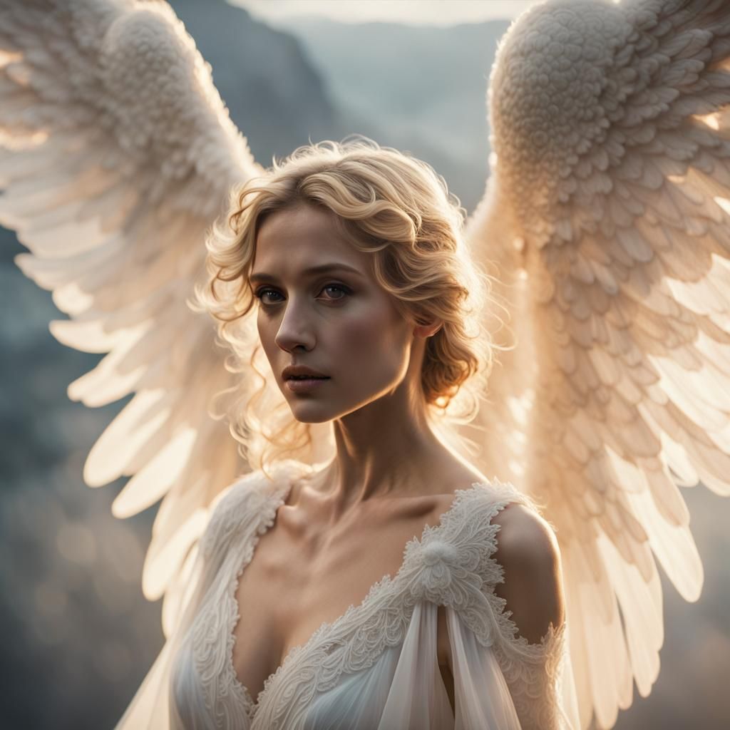 Angel on Misty Cliff in Golden Hour Lighting