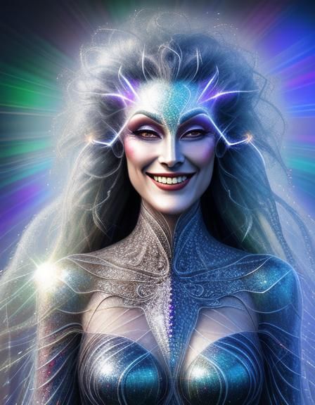 Radiant Woman Grinning in Mystical Light