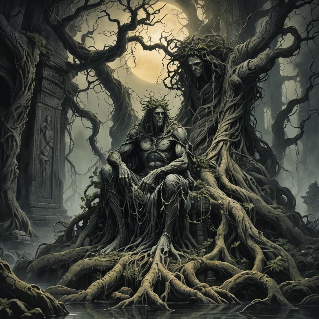 Cursed Figure in Overgrown Temple, Dark Fantasy Art